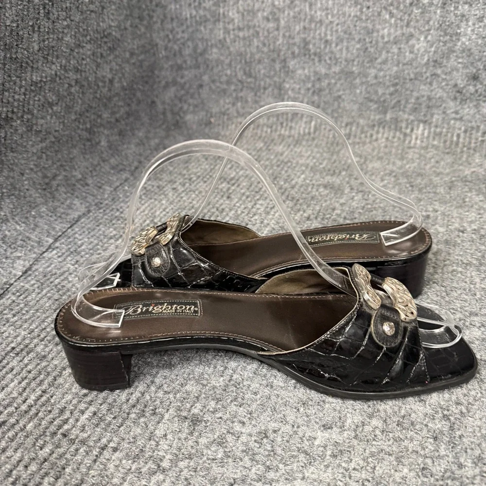 Vintage Brighton Lady Slide Sandals Womens 9 M Black Croc Leather Italy Ornate